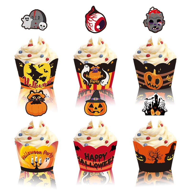 Bestonzon 1 Set Halloween Cupcake Wrappers Paper Cupcake Toppers Party