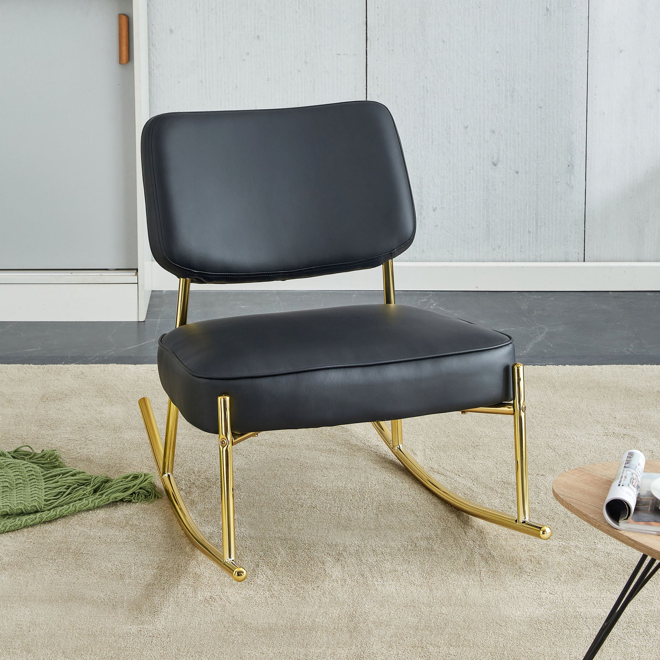Aukfa Deep Seating Rocking Chair with PU Leather Padded Seat, Golden Metal Legs for Living Room, Black