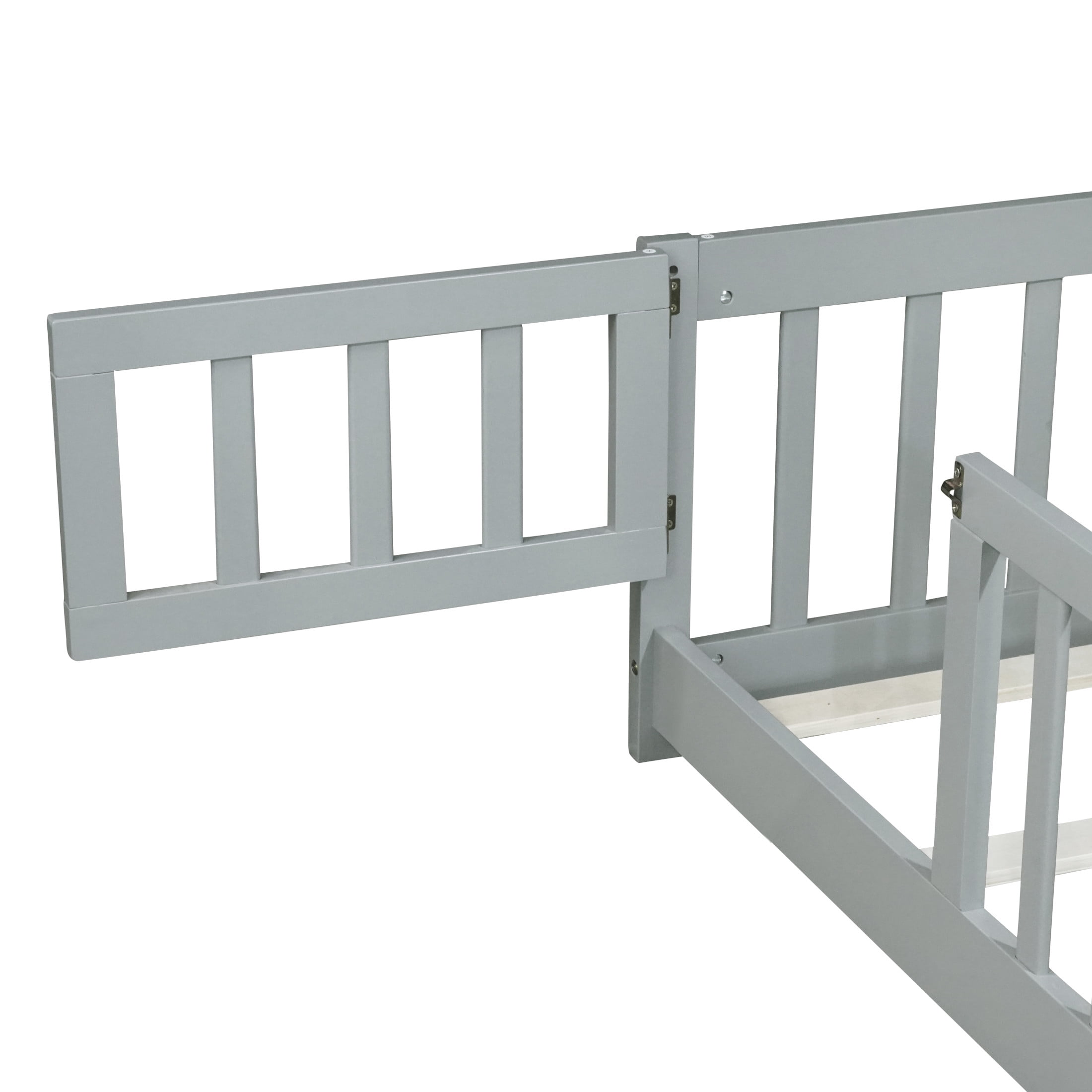 Noble House Twin Floor Bed with Safety Guardrails and Door, Rubber Wood Montessori Bed, Kid's Room, Gray