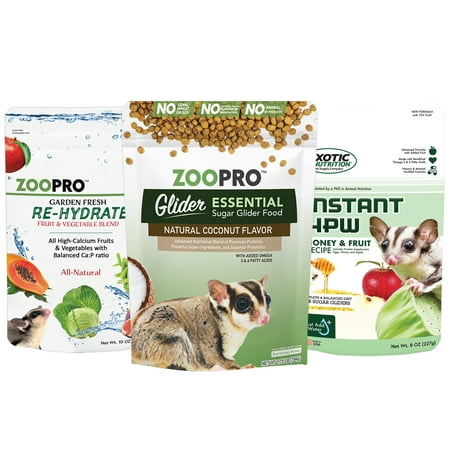 Exotic Nutrition Glider Essential Deluxe Food Starter Package - ZooPro Glider Essential, ZooPro Garden Fresh Re-Hydrate, Instant-HPW Insect & Fruit Recipe