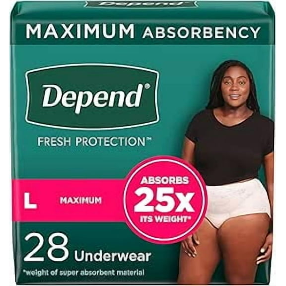 Depend Fresh Protection Female Incontinence Underwear, Disposable, Maximum, Large, 28 Count
