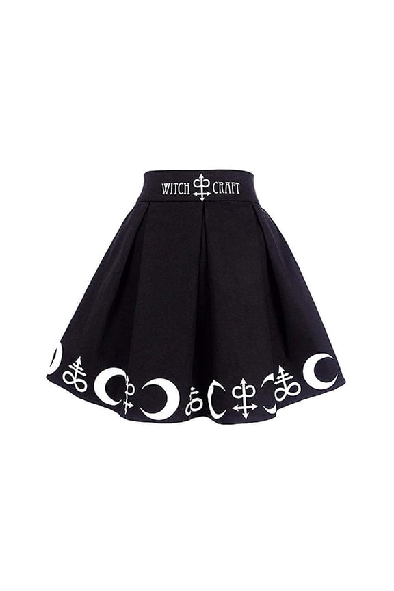Gothic Punk Tennis School Skirt Women Pleated Mini Skater Skirt Moon Magic Witchcraft Symbols Black,XL