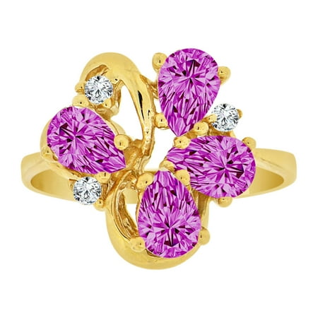Pear Cluster Ring - 14k Yellow Gold, Classic Pear Shape Cluster Ring Violet CZ Feb Synthetic Birthstones Size 7