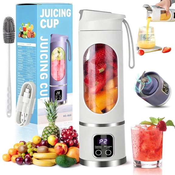Digital Display Juicer - Smart LED Display, 450ml/15.2oz Juicer Shakes and Smoothies Blender with Leakproof Lid, Personal Blenders for Home & Travel, Shakes & Baby Food (White)