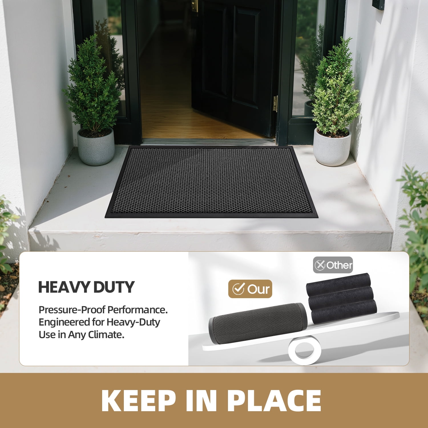 PABUBE High Stretch Elastic Silk Outdoor Doormat, Quick-Dry & Heavy-Duty Welcome Mat, Non-Slip Front Door Mat for Outside Entry, Low Pile Patio Doormat for Entry Rug, Black Grey, 24"x36"