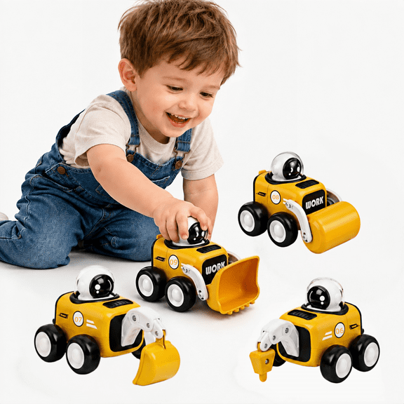 ZIOBLW Press N Go Construction Vehicles Toy Set, 4 Pack Kids Engineering Cars with Excavator, Bulldozer, Road Roller & Drill Truck, Battery-Free, Yellow & Black, Ages 3