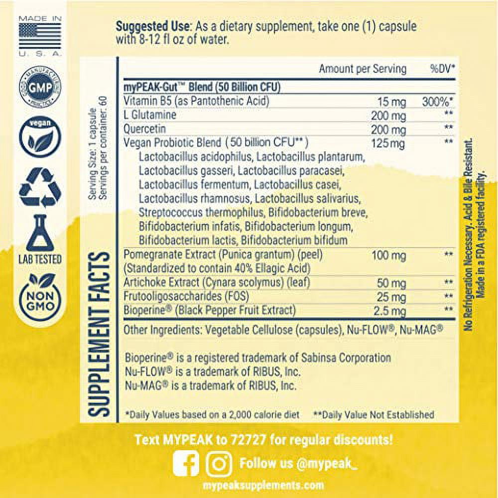 myPEAK PeakBiotic: Vegan Probiotic + Prebiotic Gut Health Blend. 50 Billion CFU + 14 Vegan Strains, 2-Month Supply for Digestion, Anti-Aging, Skin Care and Mood. w/Polyphenols, Quercetin, Pomegranate