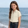 thumbnail image 6 of dazeni Summer Linen Shirts Girls Button Down Shirt Short Sleeve Blouse for Collared Lightweight Breathable Lapel Tops Beige 110, 6 of 8