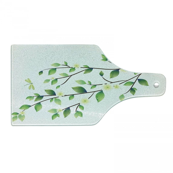 Dragonfly Cutting Board, Leaves with Little Dragonflies and Jasmine Environmental Botanical Illustration, Tempered Glass Cutting and Serving Board, Wine Bottle Shape, Green White, by Ambesonne