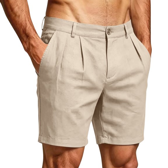 WULMLEO Mens Casual Shorts 9" Flat Front Elastic Waist Linen Dress Shorts Lightweight Summer Bottoms with Pockets Beige 3XL