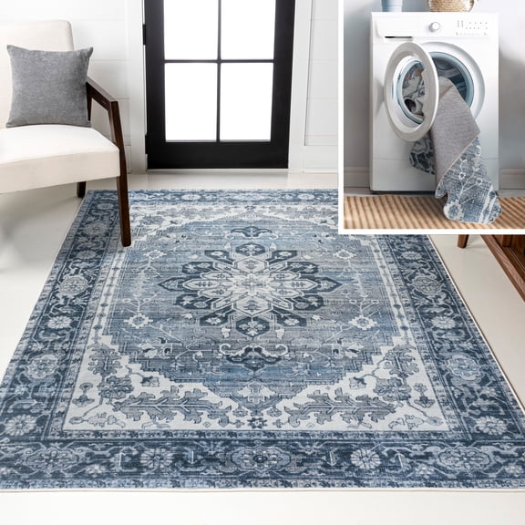 JONATHAN Y WASHABLE 3 x 5 Area Rug, Asa Ornate Medallion - Blue/Cream, WSH108B-3