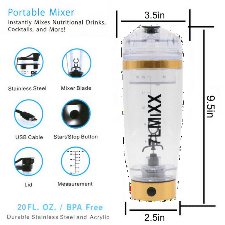7LMiXX USB Rechargeable Premium Stainless Steel Electric Shaker Bottle  Portable Blender for Protein Powder and Drinks, 20oz Bottle with Powder  Storage Compartment Pod, Silver 