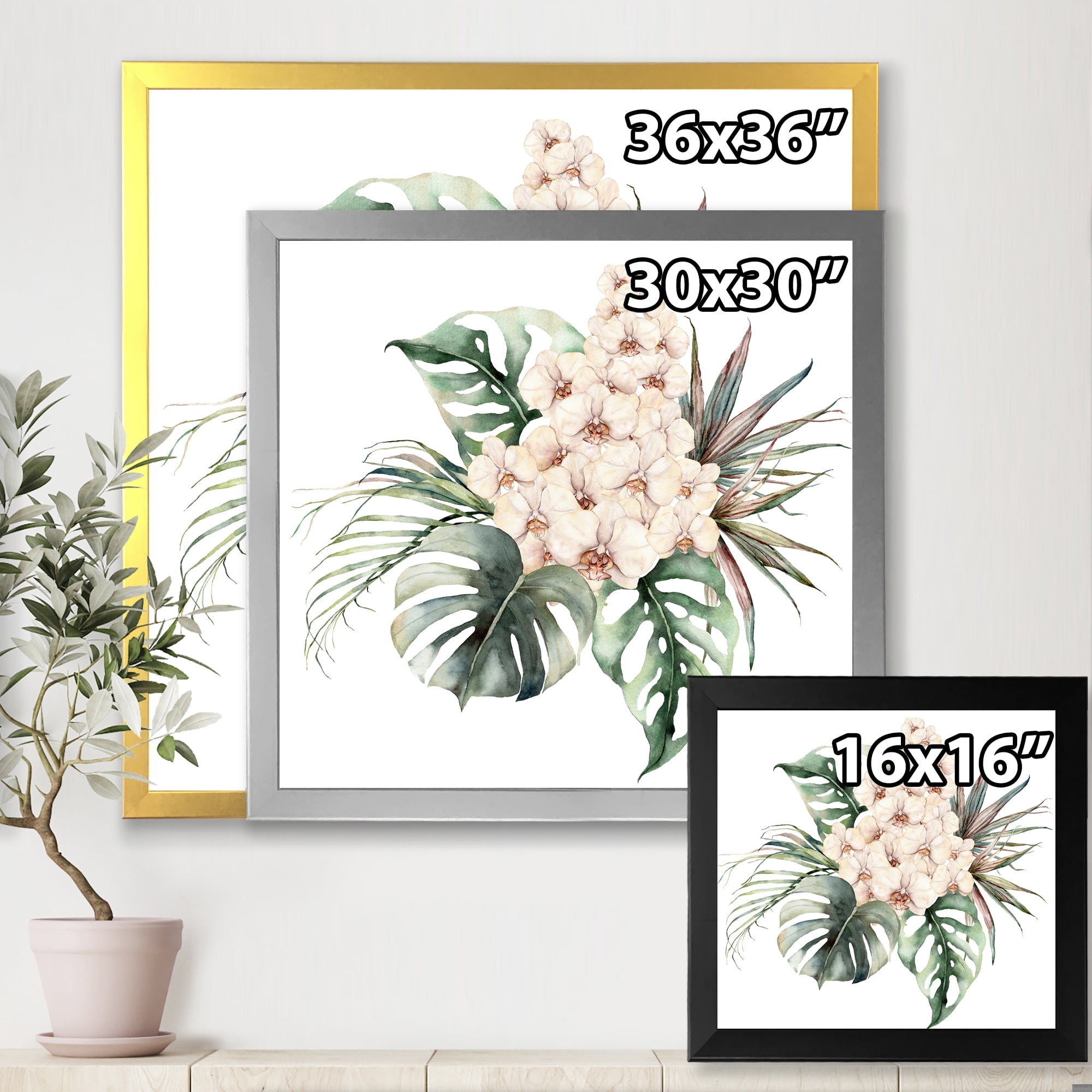 Designart 'Bouquet With Orchids Coconut Leaves and Monstera ' Traditional Framed Art Print