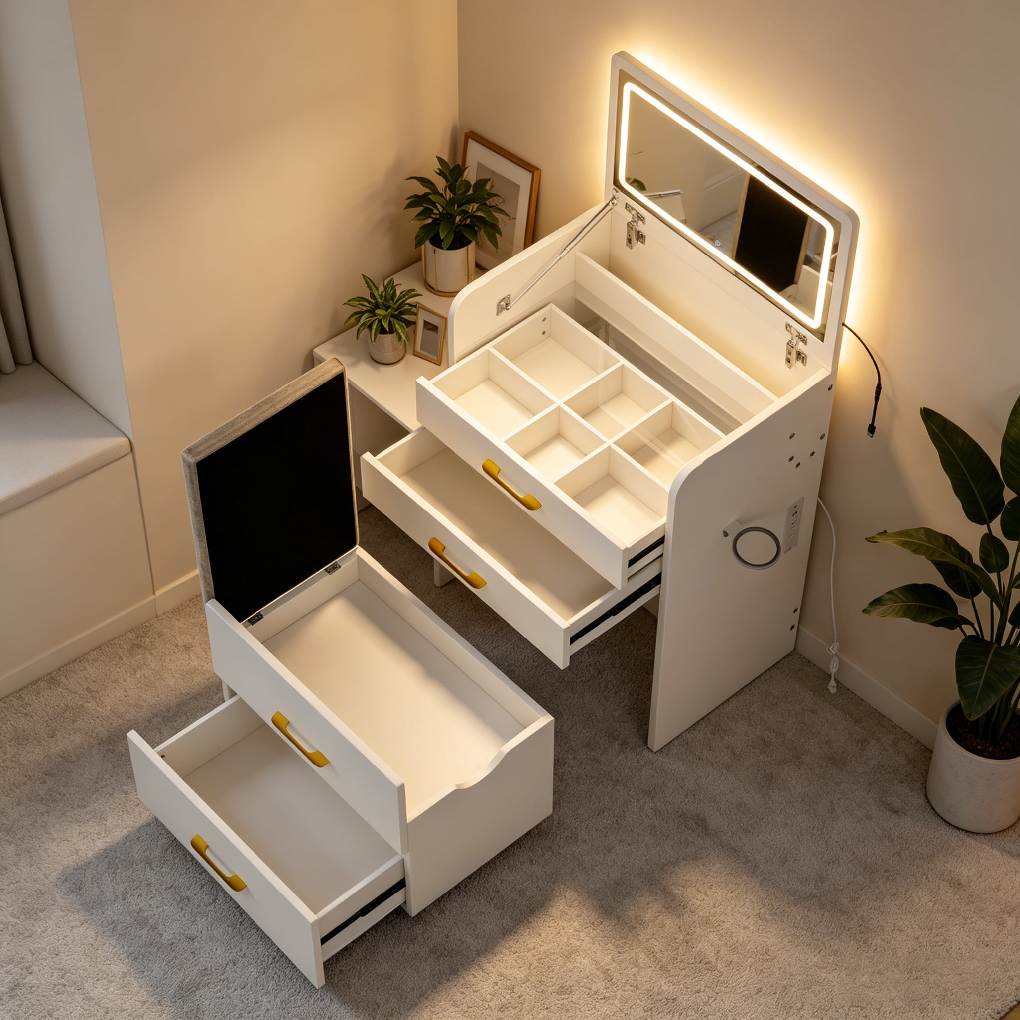 Mintazer 3‑in‑1 Vanity Desk with LED Lighted Flip Mirror, Multifunctional Makeup Dressing Table with Charging Station & Storage Stool for Small Bedroom, White