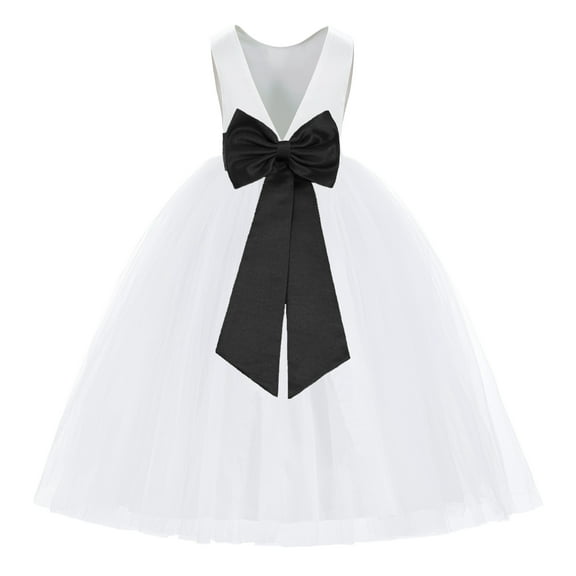 Ekidsbridal Girl Princess Flower Girl Dress - V-Back Satin White Tulle with Tiebow 219T-A (Size: M-14)
