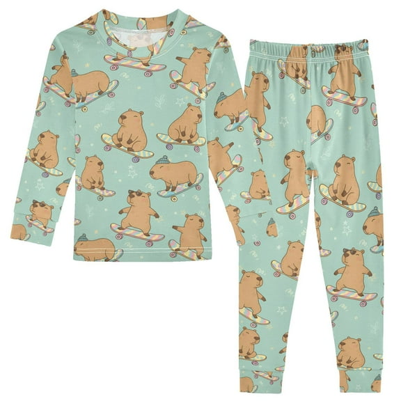 joogoo Capybara Skating 2 Piece Long Sleeve Tee and Pants Cotton Pajama Set 5Y