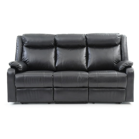 Passion Furniture Ward 76 in. Black Faux leather 3-Seater Reclining Sofa with Pillow Top Arm