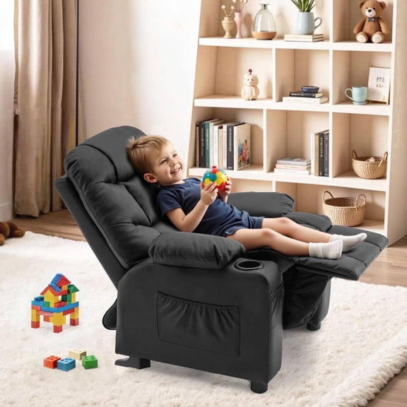 Mcombo Big Kids Recliner Chair for Boys and Girls Room, 3 Age Group,Faux Leather 7366, Black