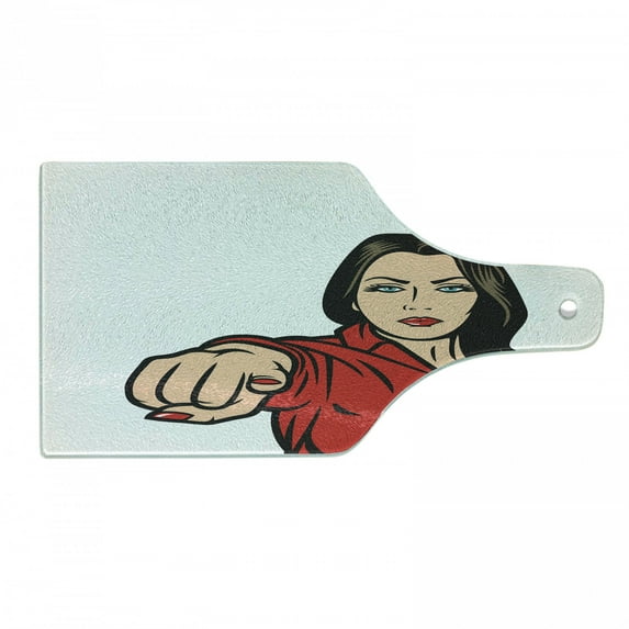 Girl Power Cutting Board, Pop Art Style Retro Businneswoman Pointing Finger Cartoon Composition, Decorative Tempered Glass Cutting and Serving Board, in 3 Sizes, by Ambesonne