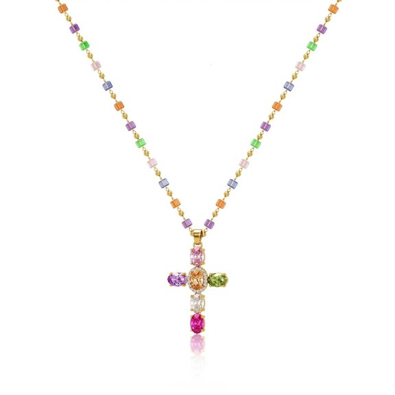 Mietieo Multicolor Cross Pendant Beaded Necklace, Colorful Fashion Jewelry for Women