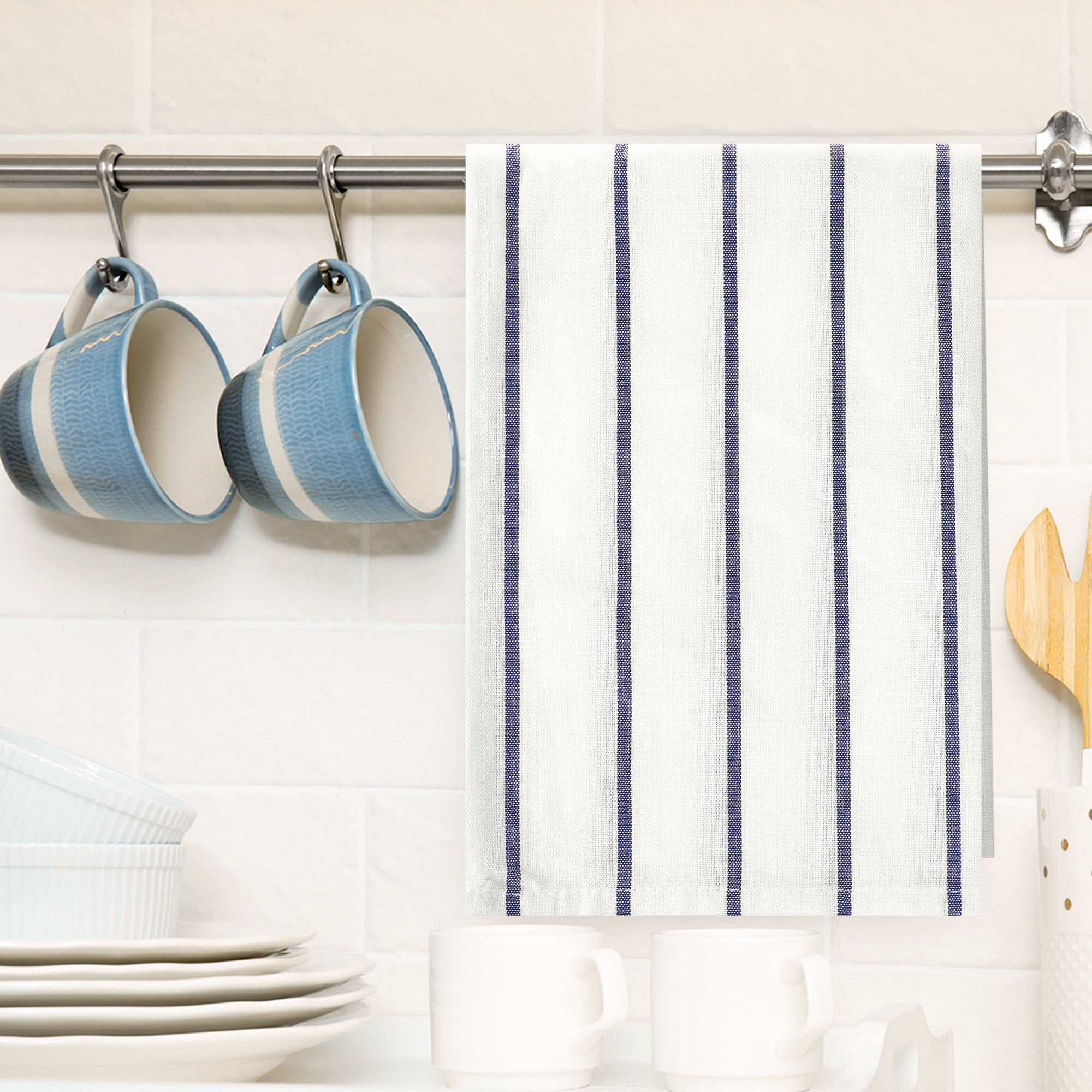 Unique Bargains Cotton Hand Towels Absorbent Lint Free Dish Kitchen Towels 24 x 16 Inch Blue Pinstriped 2pk