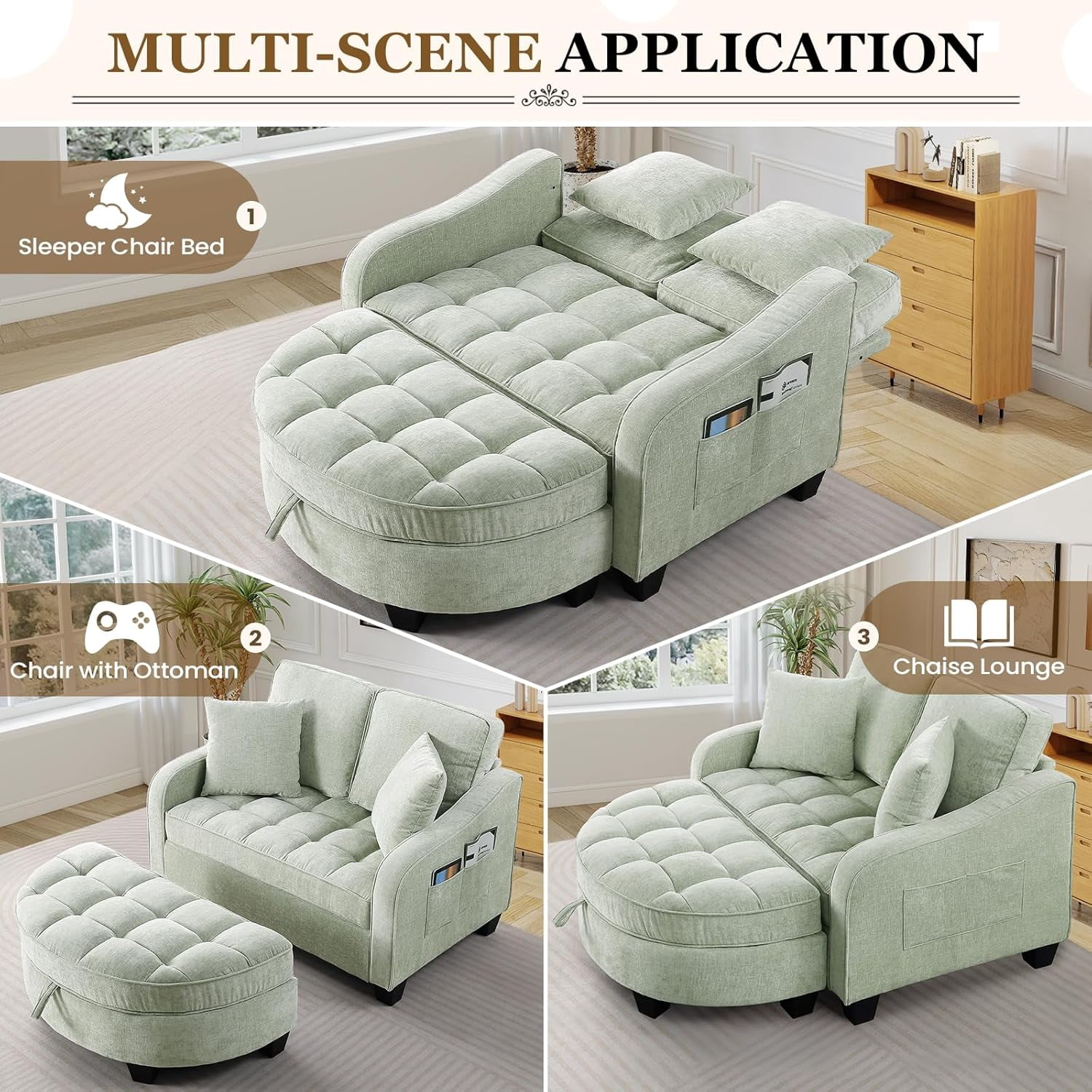 MOONMISS Oversized Chair and A Half, Chenille Tufting Accent Cozy Reading Sofa Chair with Storage Ottoman, Upholstered Loveseat Chaise Lounge Sofa with Adjustable Back for Living Room,Green