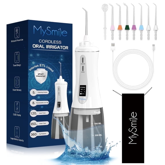 MySmile Irrigador Bucal Inalámbrico LP201 OLED Water Flosser para Ortodoncia, Encías E Higiene Dental. Irrigador Bucal Portátil con 5 Modos y 8 Boquillas de Chorro, Color Blanco.