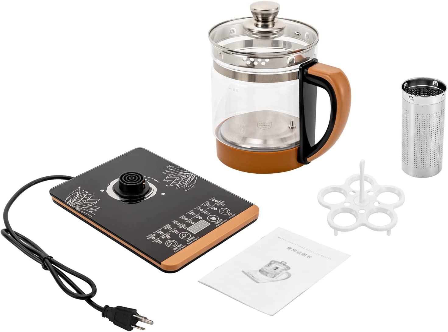 Electric Kettle 1.8L Electric Health Pot Kettle 110V health pot,tea maker, black flower tea, decoction pot, 800W Multifunction Food-Grade Stainless Steel (Brown)