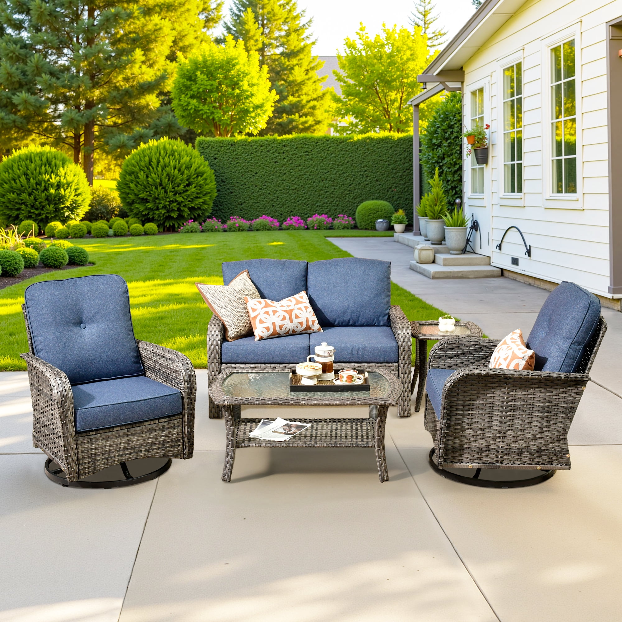 Ovios 5 Pieces Outdoor Patio Furniture Set High Back All Weather Wicker Conversation Set with Swivel Chairs & Coffee Table, Denim Blue