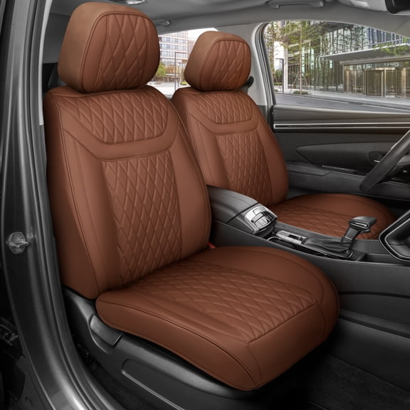 MotorBox Car Seat Covers - Ranch Leatherette Faux Leather Brown Seat Covers for Car - Diamond Stitched Cushioned Interior Protectors for Automotive Accessories, Trucks, SUV, Cars - Two Front Covers