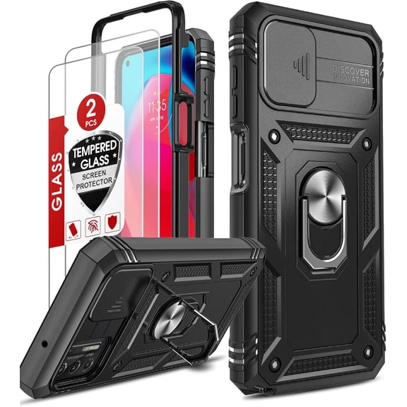for Moto G Stylus 5G 2021 Case: [Not Fit 5G/2020] with Slide Camera Cover   [2 Pack] Tempered Glass Screen Protector, Military-Grade Phone Case with Kickstand for Moto G Stylus 2021, Black