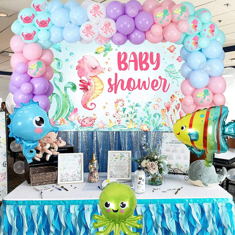 Ocean Themed Baby Shower for Girl, Under The Sea Baby Shower Decorations  Balloon Garland Arch Kit, Octopus Seahorse Bubble Fish Foil Balloons with Baby  Shower Backdrop for Ocean Baby Shower Party 