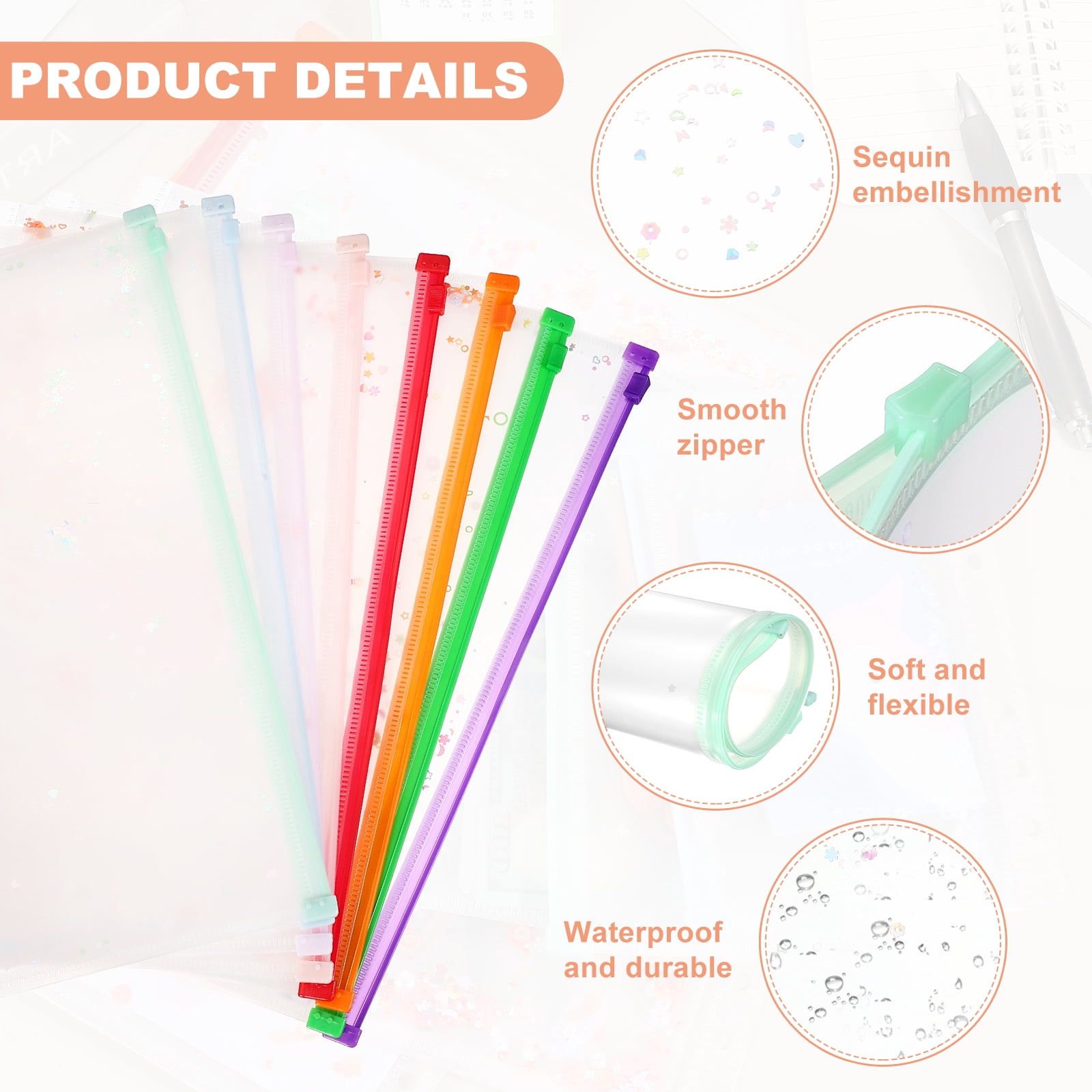 Uxcell 6Pcs A4 Plastic Binder Zipper, Binder Pockets 12 x 9" Clear Envelope Folders Planner Waterproof Pouch Filing with Sequin Decor for Document Notebook Card Organizer, Light Green