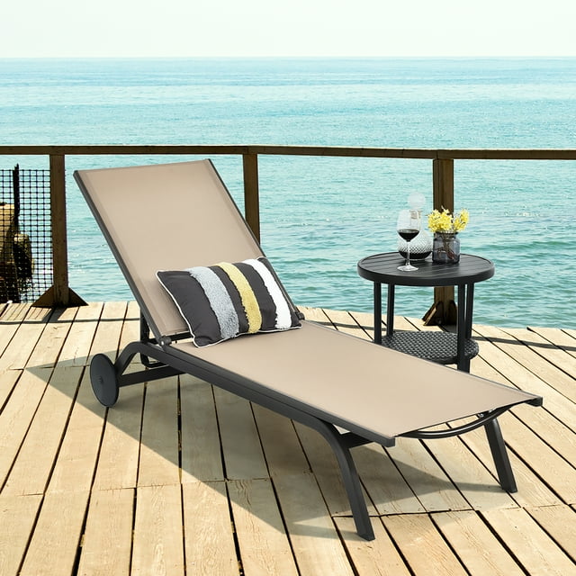 Costway Chaise Longue d'Extérieur pour Patio, Inclinable, en Aluminium et Tissu, Réglable, Brun