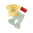 thumbnail image 2 of Kids Girls Summer Outfits 6 12 18 24M 3 4T Letters Print Short Sleeve T-shirt with Tassels and Casual Flare Pants Headbands Set, 2 of 9