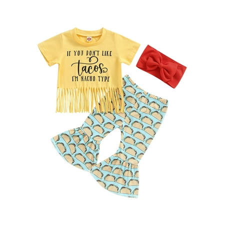 

Xingqing Western Baby Girl Clothes Short Sleeve T-Shirt Tops Cow Print Flared Pants Set Bell Bottom Outfits Yellow 18-24 Months
