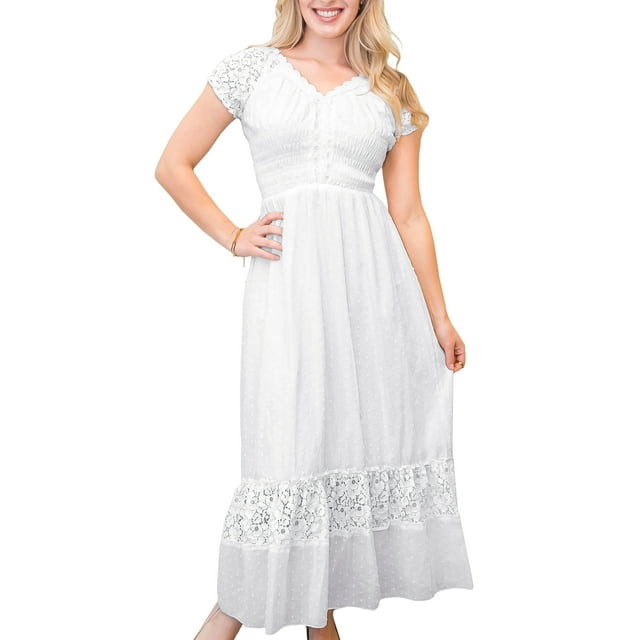 Women Renaissance Peasant Maiden Boho Inspired Cap Sleeve Lace Trim Maxi Dress, White, Small