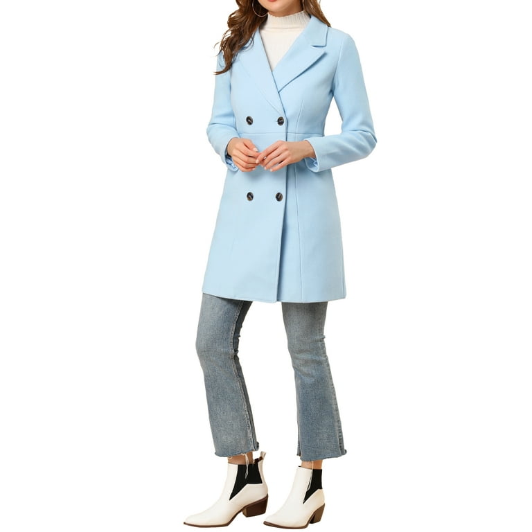 Unique Bargains Women's Double Breasted Notched Lapel Long Sleeve Winter  Coat XL Baby Blue