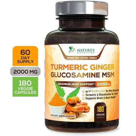 Turmeric Curcumin with Ginger, Glucosamine & MSM 2000mg 95% Curcuminoids with Bioperine Black Pepper for Best Absorption for Joint Relief, Turmeric Supplement Pills, Natures Nutrition - 180