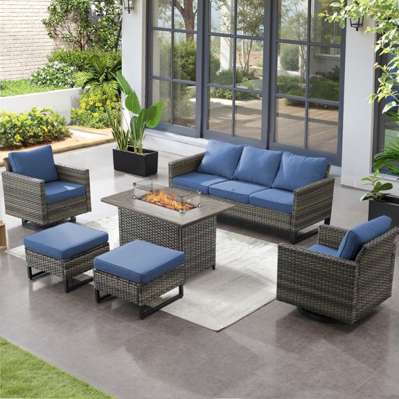 Unnifurnzi Patio Furniture Set with Fire Pit Table-6 Pieces Outdoor Furniture with Outdoor Swivel Rocker Patio Chairs Outdoor Wicker Furniture for Deck Balcony Garden-Gray/Blue