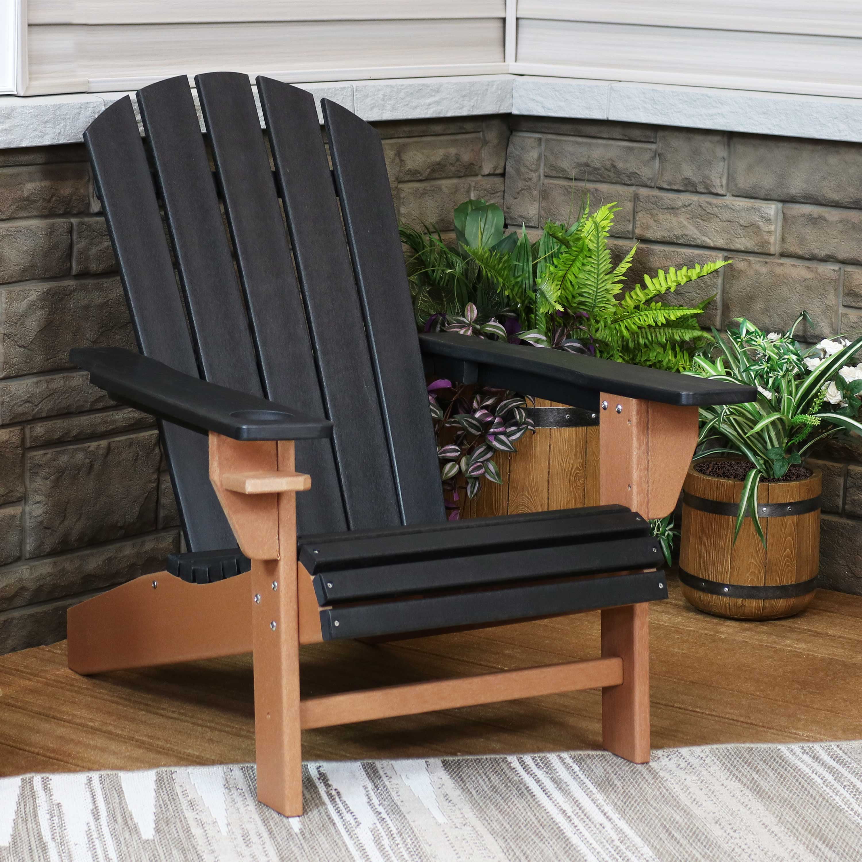 Sunnydaze All Weather Black Brown Outdoor Adirondack Chair With Drink Holder Heavy Duty Hdpe Weatherproof Patio Chair Ideal For Lawn Garden And Around The Firepit Walmart Com Walmart Com