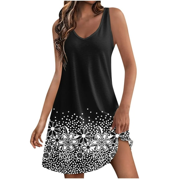 LYXSSBYX Summer Dresses for Women 2024 Women's Casual Sundress With Pockets Summer Boho Beach Dress Floral T-Shirts Dress V Neck Loose Tank Dresses