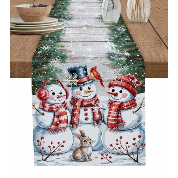 Christmas Snowman Table Runner 90 Inches, Winter Xmas Snowflakes Cardinal Farmhouse Bed Runner Dresser Scarves Tabletop for Indoor Outdoor Parties/Ceremony/Banquet, 13" x 90"