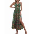 thumbnail image 3 of Women'S Dress Hollow Pleated Halterneck Printed Dress with V Neck Maxi Dress for Women Green XS, 3 of 8