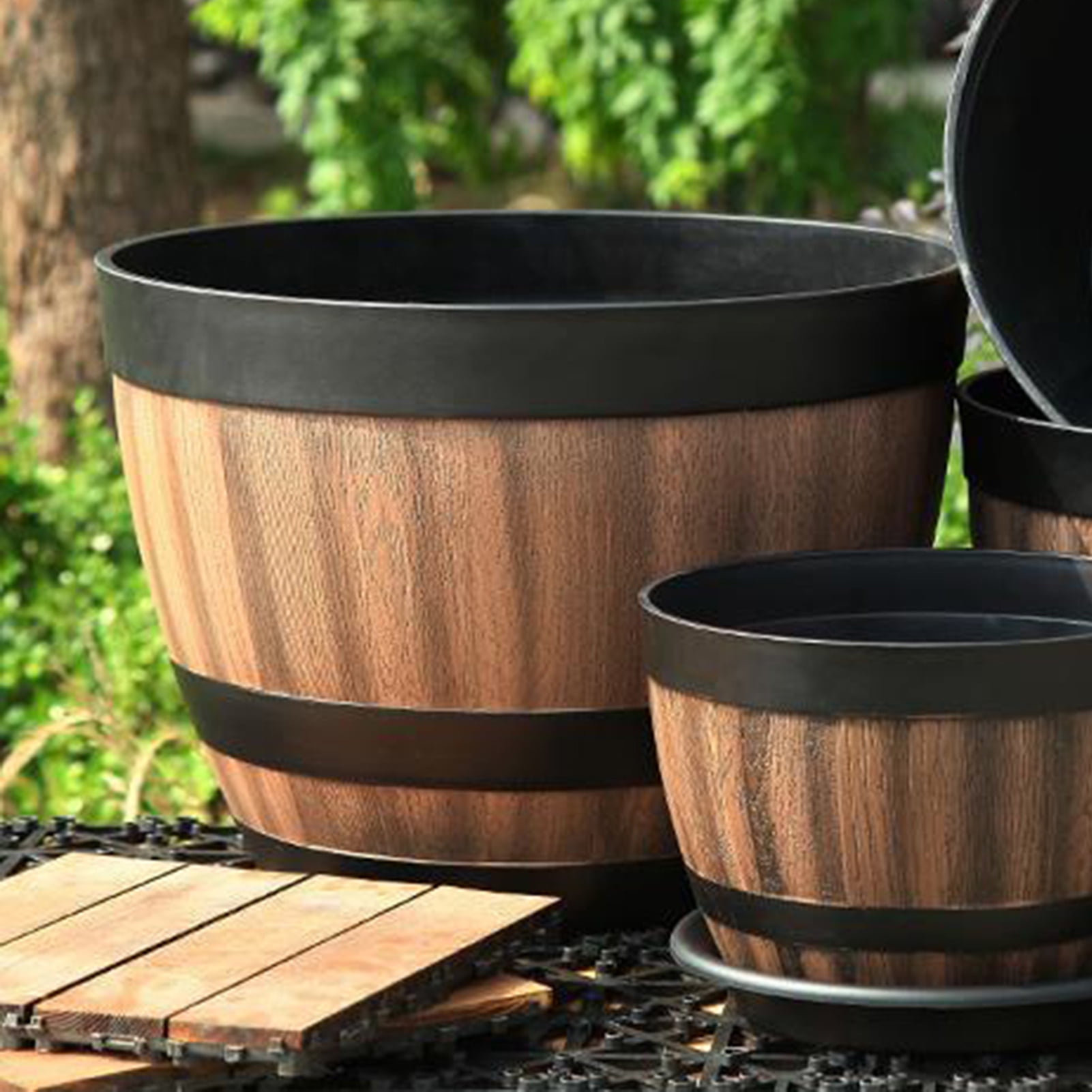 Biplut Plant Pot Large Capacity Creative Shape Plastic Imitation Wine Barrel Shape Planter Flower Container for Home
