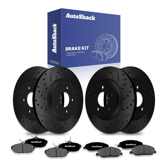 AutoShack Front Vented & Rear Vented Drilled & Slotted E-Coated Brake Rotors Black Finish   Ceramic Pads 12-PC Brake Kit Replacement for 2005-2010 Ford Mustang NightGuard