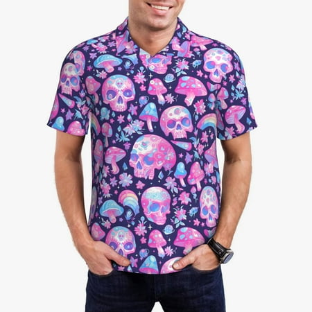Gaeub Skull Rainbow Mushroom Print Men s Polo Shirts Short Sleeve Golf Performance Shirts Stretchy Golf Shirts Casual Summer Beach Shirts-Medium