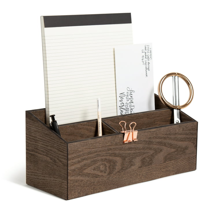 U Brands 3 Compartments Wooden Desk Storage Bin - Dark Brown - 1 Each