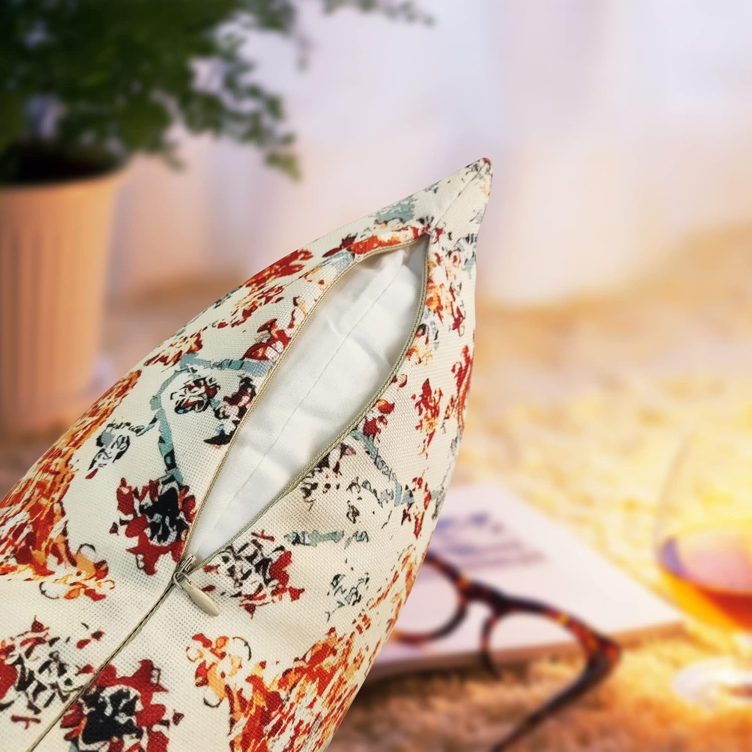 Boho Throw Pillow Covers Set of 4 Outdoor Linen Pillow Covers Bed Decorative Couch Pillow Covers - Bohemian Style Ethnic Design Carpet Pattern Vintage Rust Coral Floral Square Pillowcase