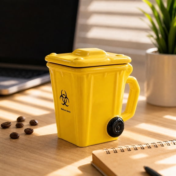 Funny Trash Can Shaped Coffee Mug Ceramic Recycling Bin Cup with Lid ,Novelty Desk Mug for Office Coworkers Home Kitchen, Quirky Conversation Starter Gift for Coffee Tea Hot Cocoa